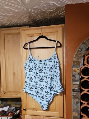 Disney Blue Green Black Tropical Stitch Palm Tree One Piece Swimsuit Padded